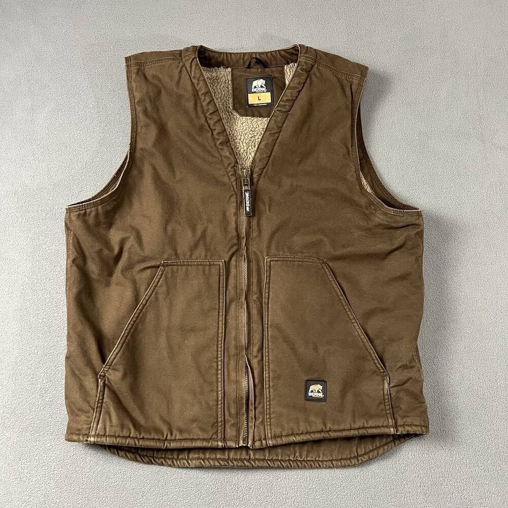 Berne Vest Mens Large Brown Canvas Sherpa Lined Full Zip Workwear Outdoor Warm
